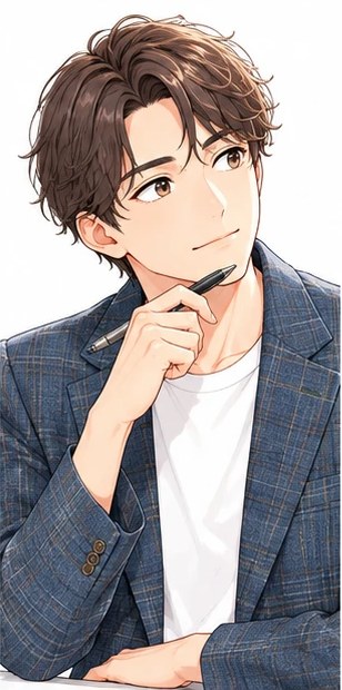 ペンを持って考え込むこぺさん